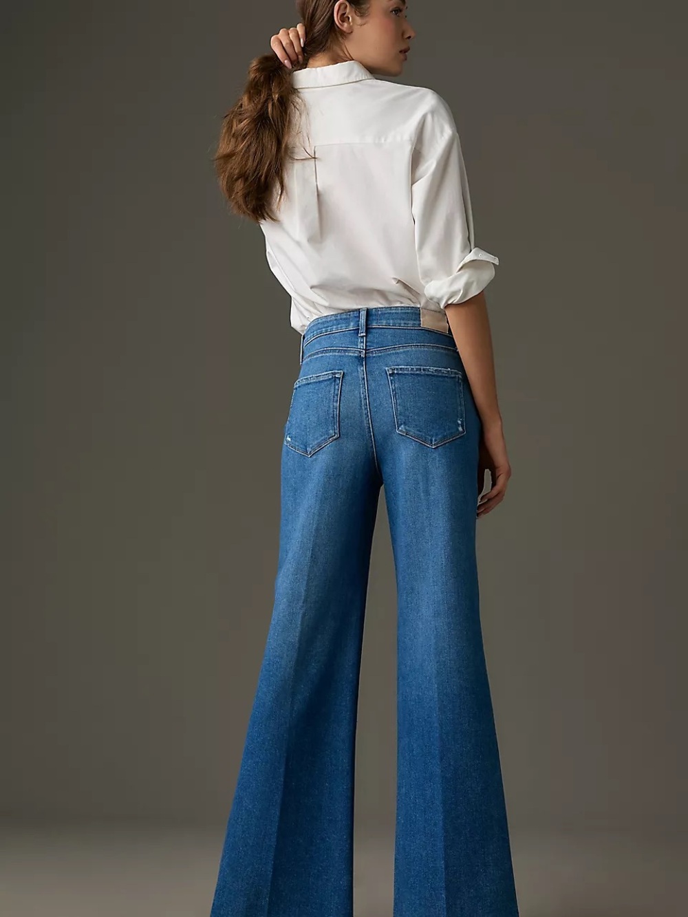 PAIGE Anessa 31” long Wide-Leg High-Rise Jeans in Medium Blue Raw Fray Hem - Picture 2 of 10
